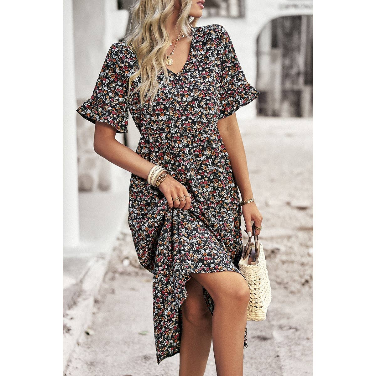Boho Floral Ruffle Hem V Neck Short Sleeve Dress: BEIGE
