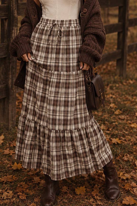 Plaid Tiered Maxi Skirt: Brown multi / M