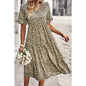 Boho Floral Ruffle Hem V Neck Short Sleeve Dress: BEIGE