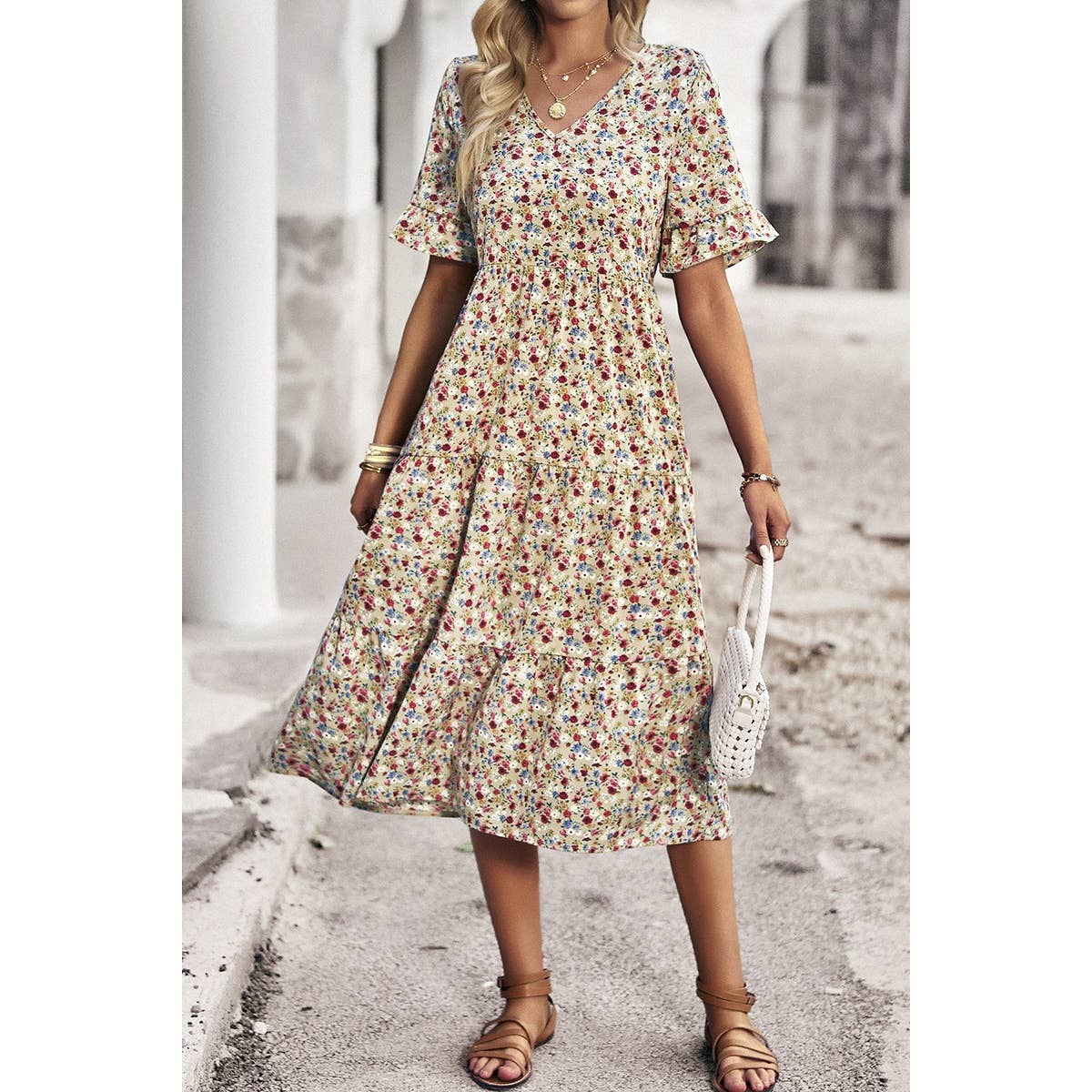 Boho Floral Ruffle Hem V Neck Short Sleeve Dress: BEIGE