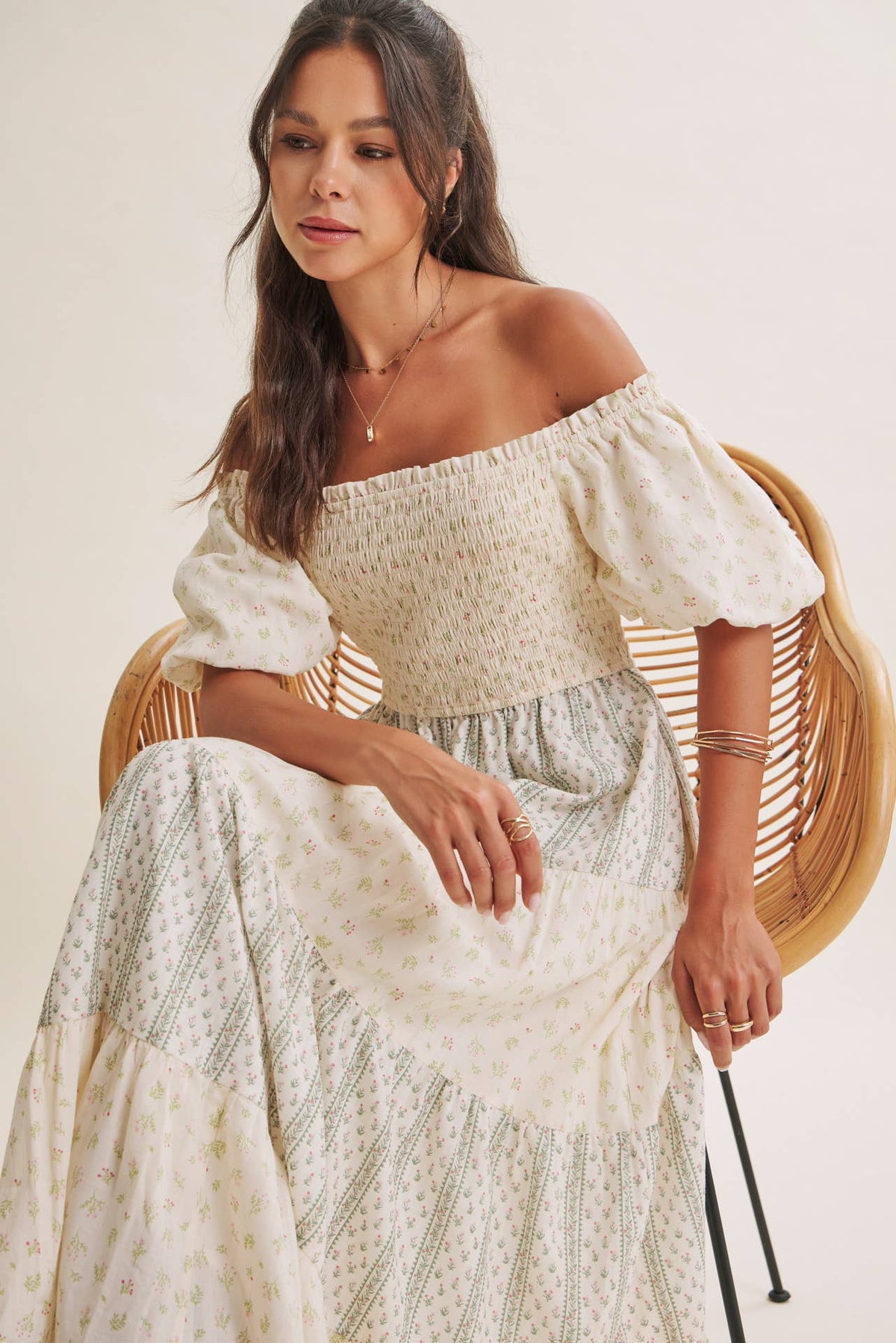 DAYDREAM PATCHWORK FLORAL SMOCKED TIERED MIDI DRESS: NATURAL/TAUPE / S