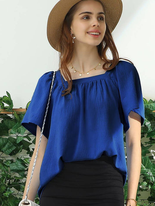 SQURE NECK RUFFLE NECK SHORT SLEEVE BLOUSES TOP: ROYAL