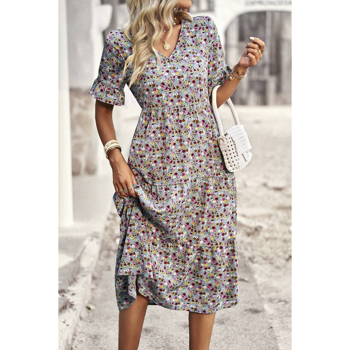 Boho Floral Ruffle Hem V Neck Short Sleeve Dress: BEIGE