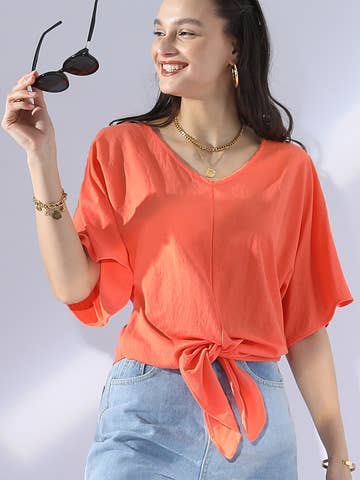 V NECK TIE UP SHORT SLEEVE CASUAL COOL TOP: Orange
