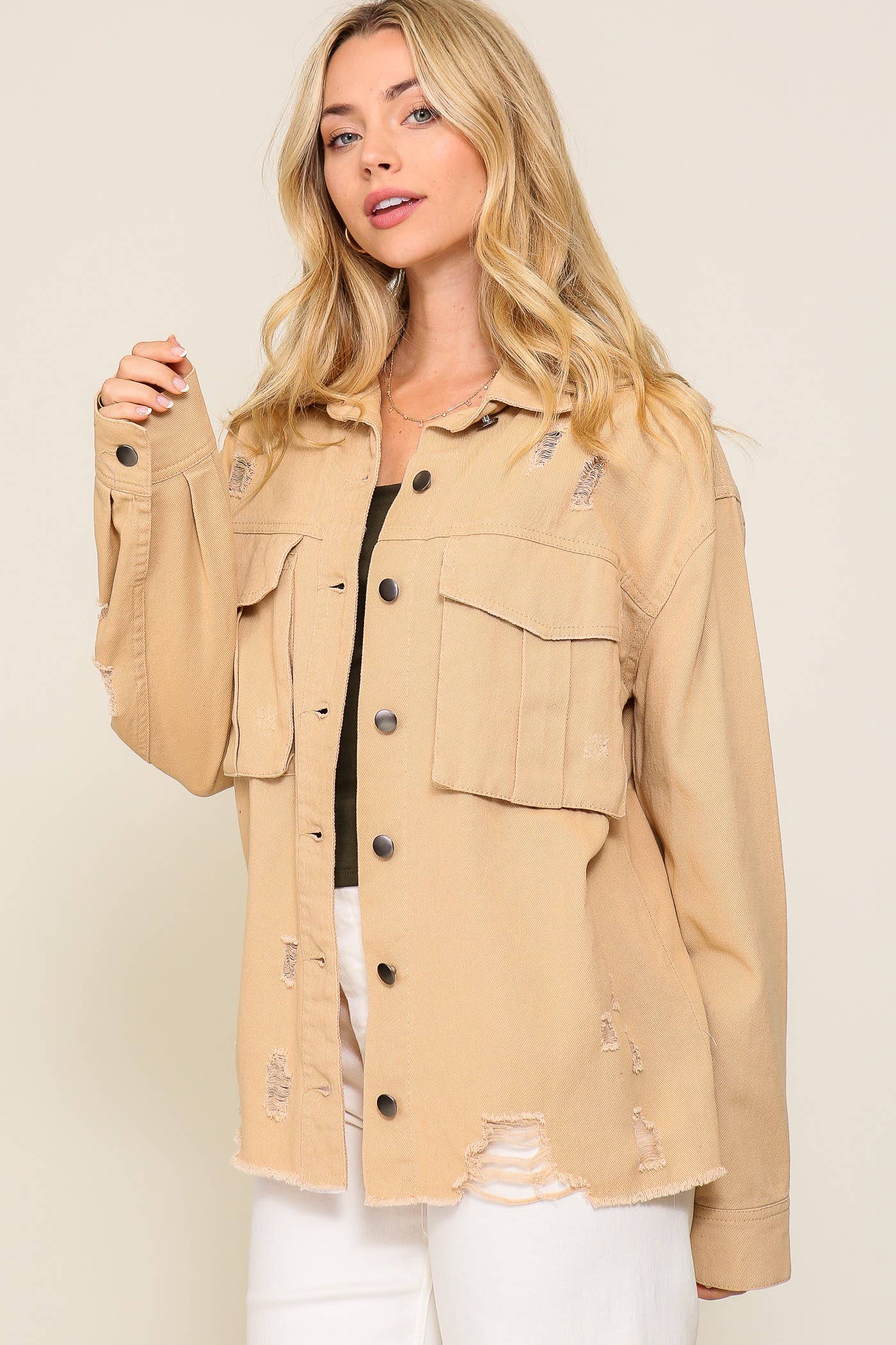 Distressed Oversized Denim Jacket: D.Mauve / M