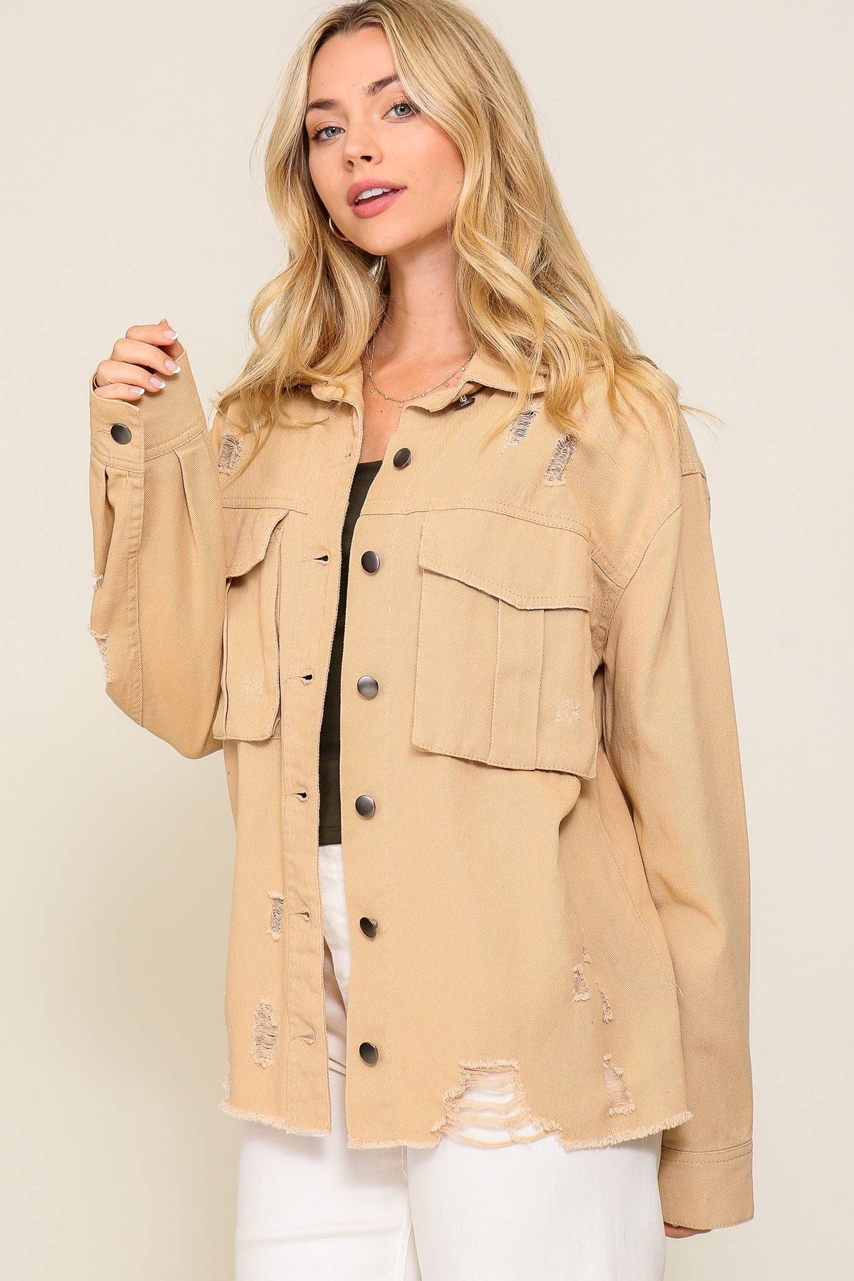 Distressed Oversized Denim Jacket: D.Mauve / L