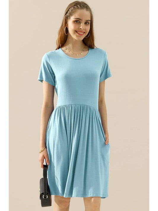 CREWNECK SHIRRED FLOWY SWING SHORT SLEEVE DRESSES: LTBLUE