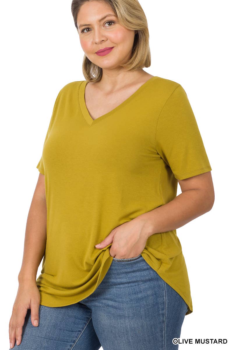 ',...[PLUS SIZE] SHORT SLEEVE V-NECK ROUND HEM TOP: MOCHA-55707 / 3X