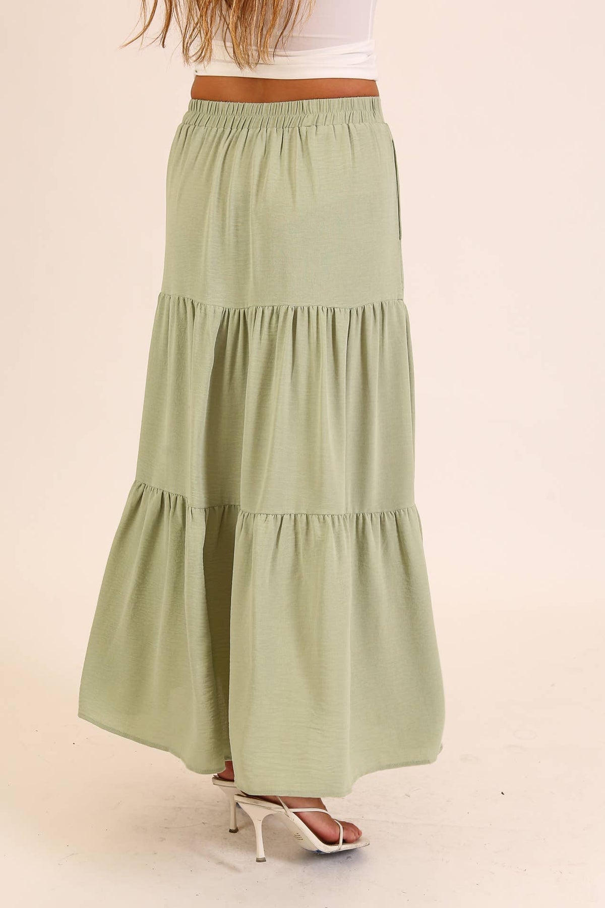 Button Front Tiered Maxi Skirt: Khaki / L