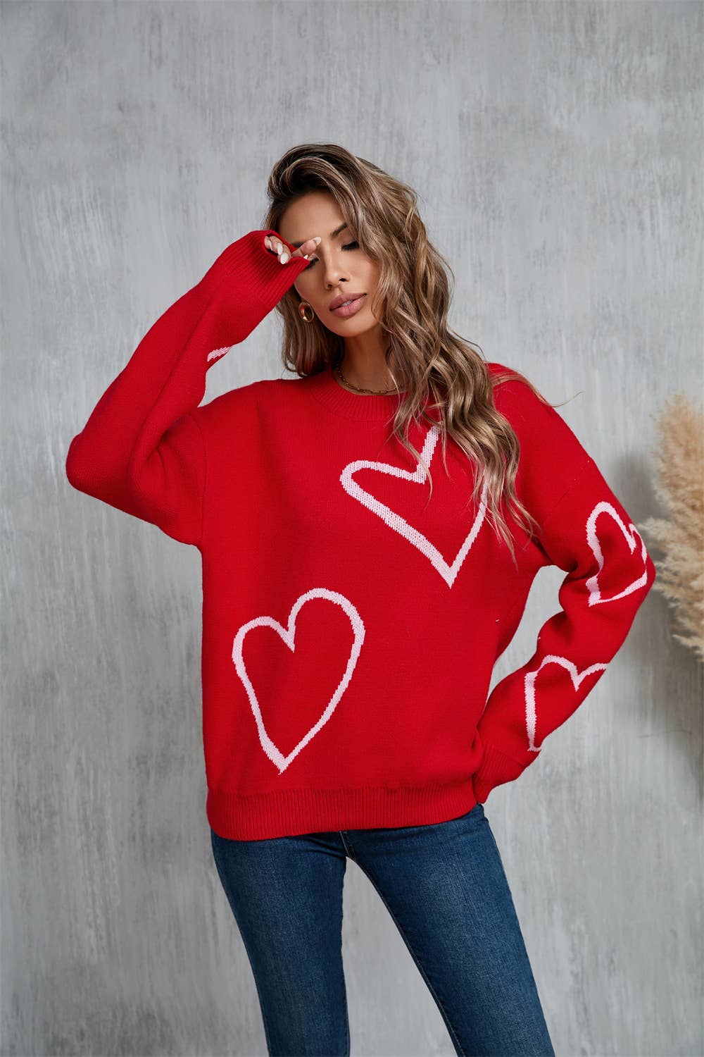 Valentine's Day color contrast heart pullover sweater: RED / (L) 1