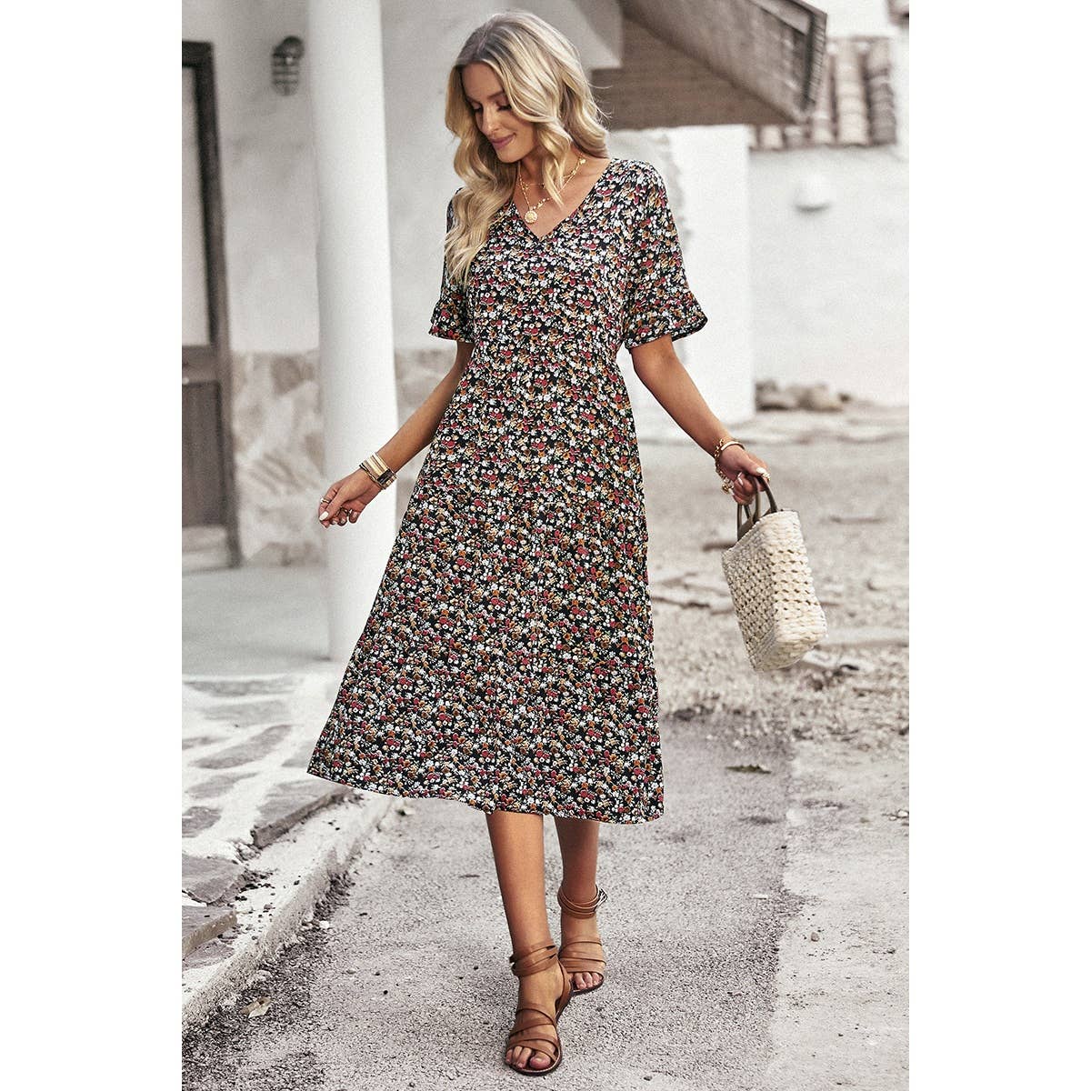 Boho Floral Ruffle Hem V Neck Short Sleeve Dress: BEIGE