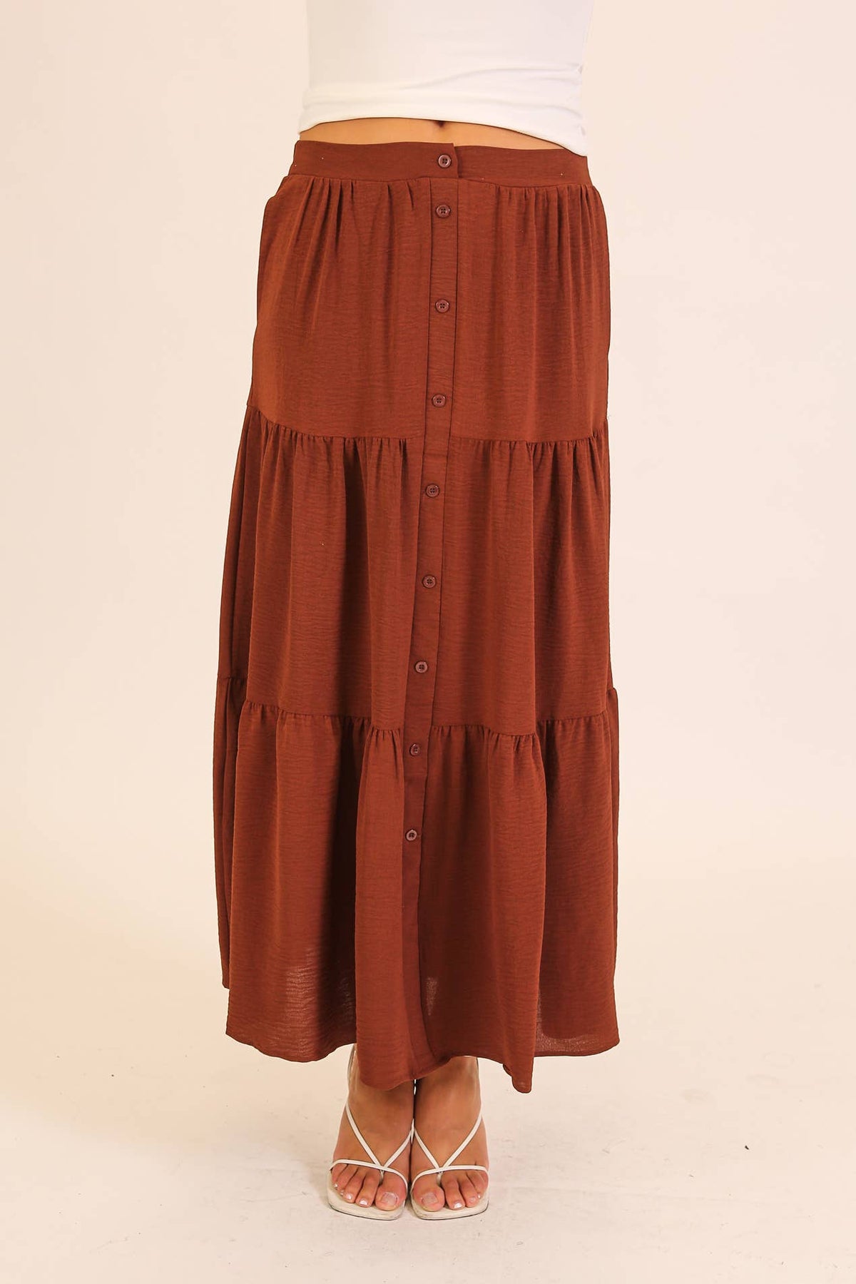 Button Front Tiered Maxi Skirt: Khaki / S