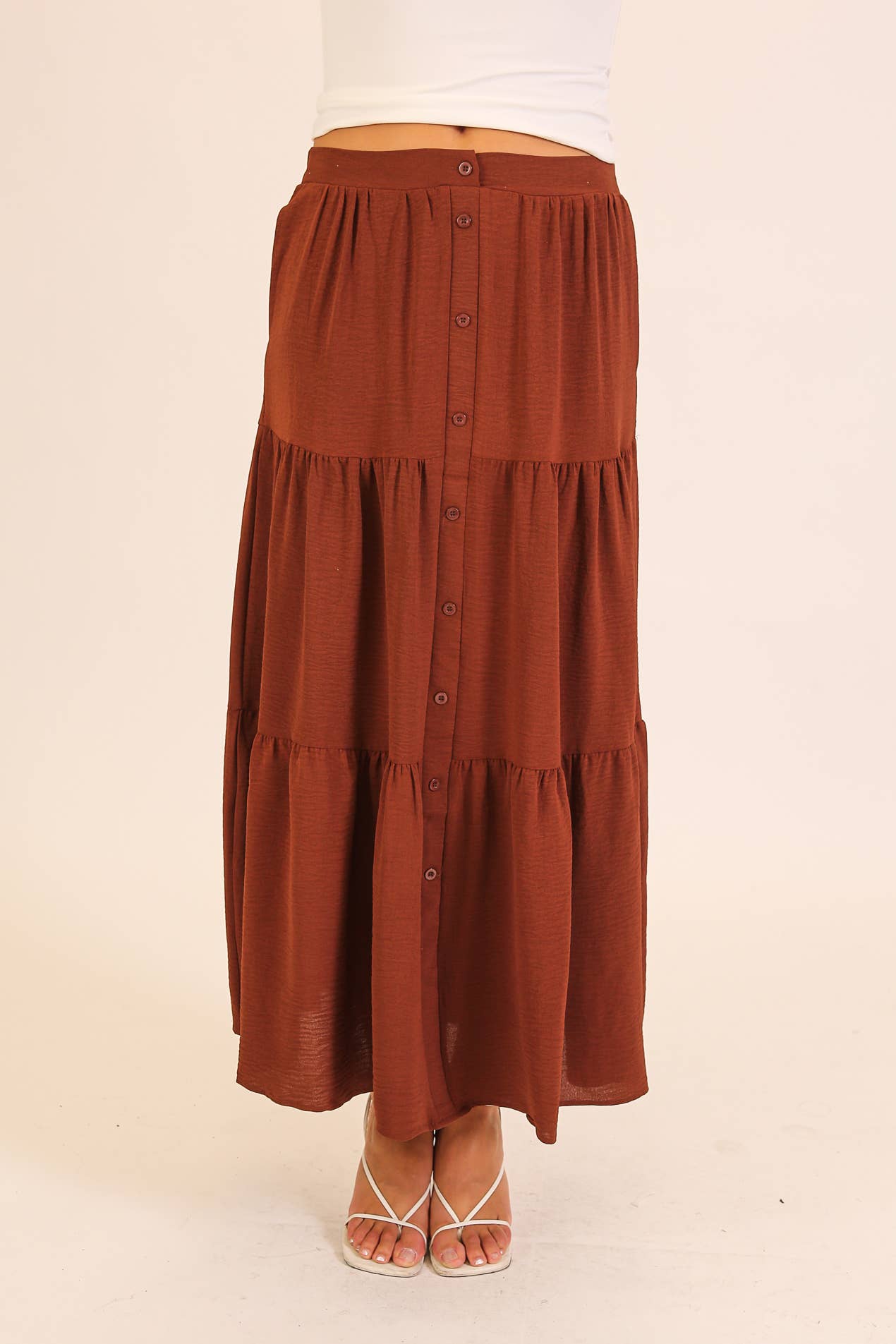 Button Front Tiered Maxi Skirt: Khaki / L