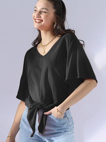 V NECK TIE UP SHORT SLEEVE CASUAL COOL TOP: Orange