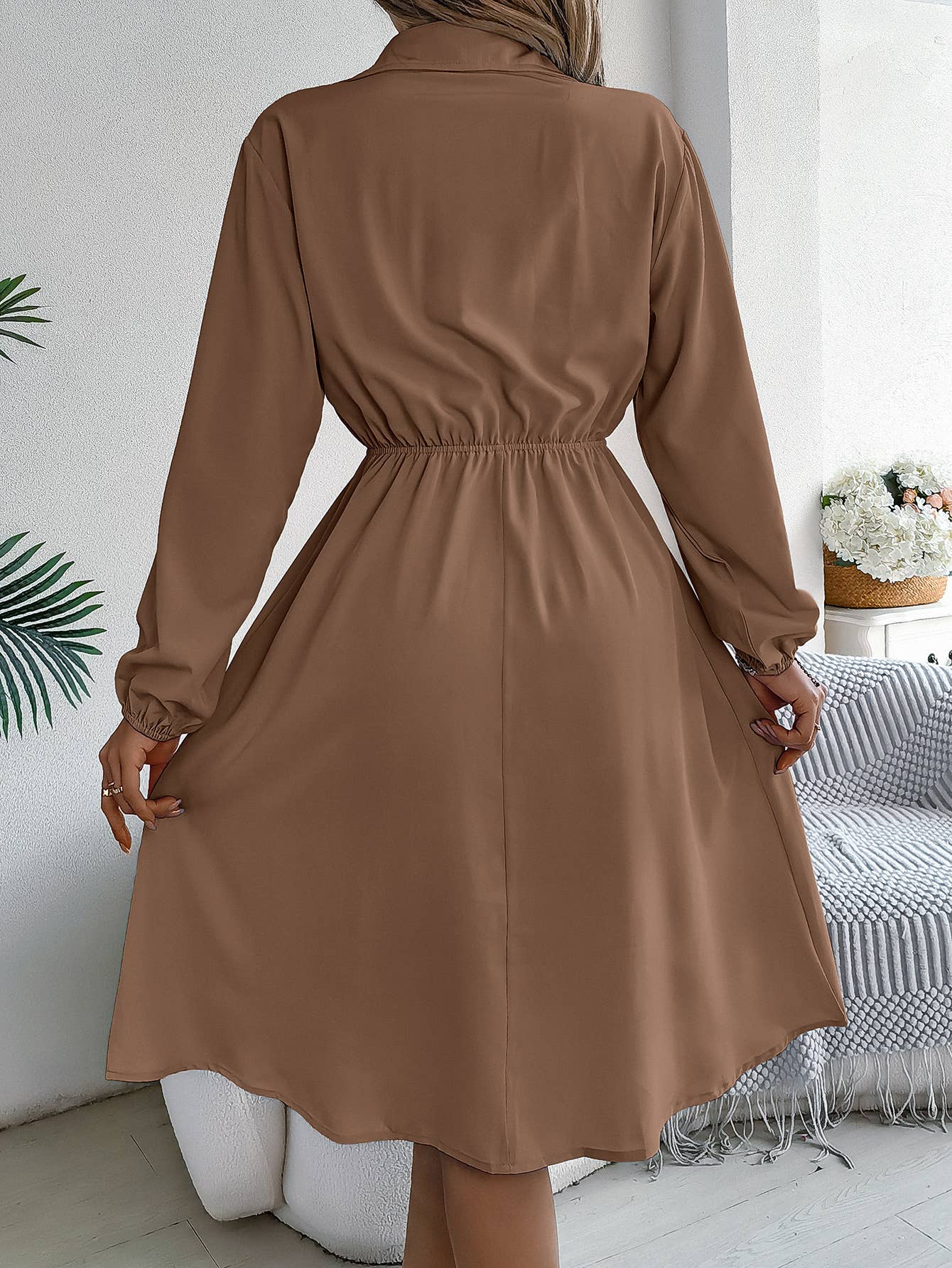 CASUAL BUTTON-UP WAIST LONG SLEEVE SHIRT DRESS: WINE / (M) 1