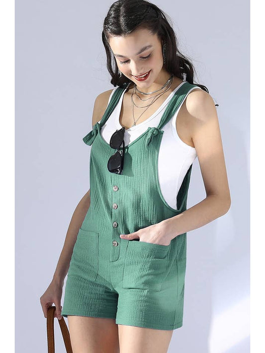 SHOLUDER BOW TIE SHORT JUMPSUIT ROMPER: SAGEGREEN