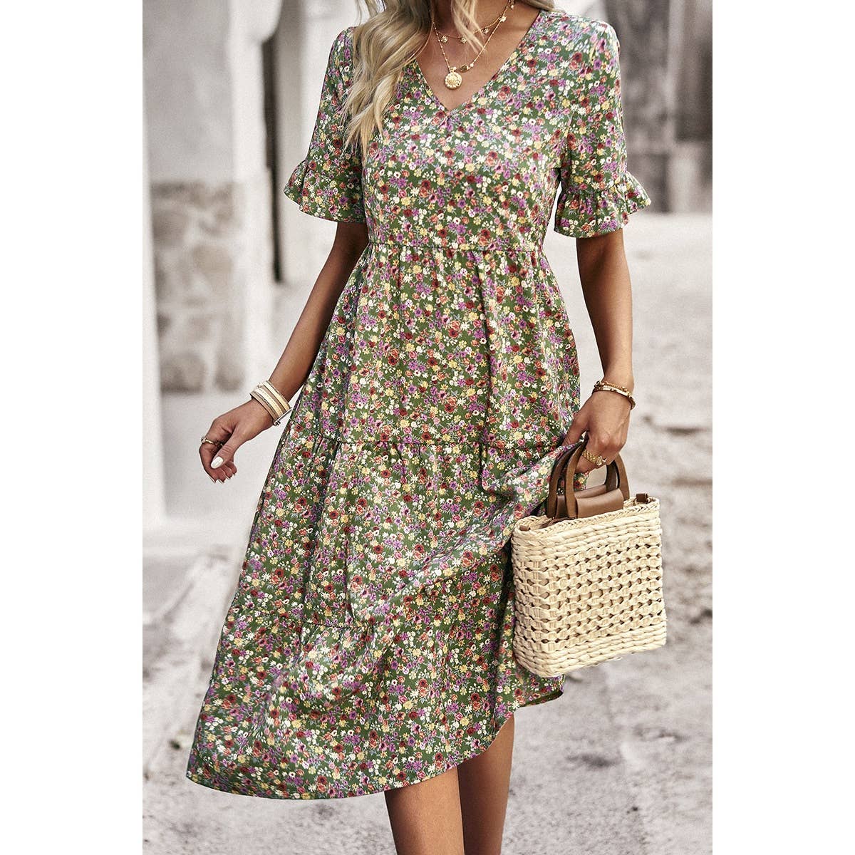 Boho Floral Ruffle Hem V Neck Short Sleeve Dress: BEIGE