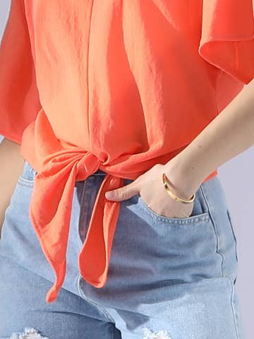 V NECK TIE UP SHORT SLEEVE CASUAL COOL TOP: Orange