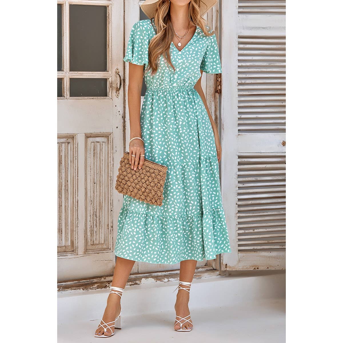 V Neck Ruffles Tiered Sleeve Smocked Midi Dress: LIGHT GREEN