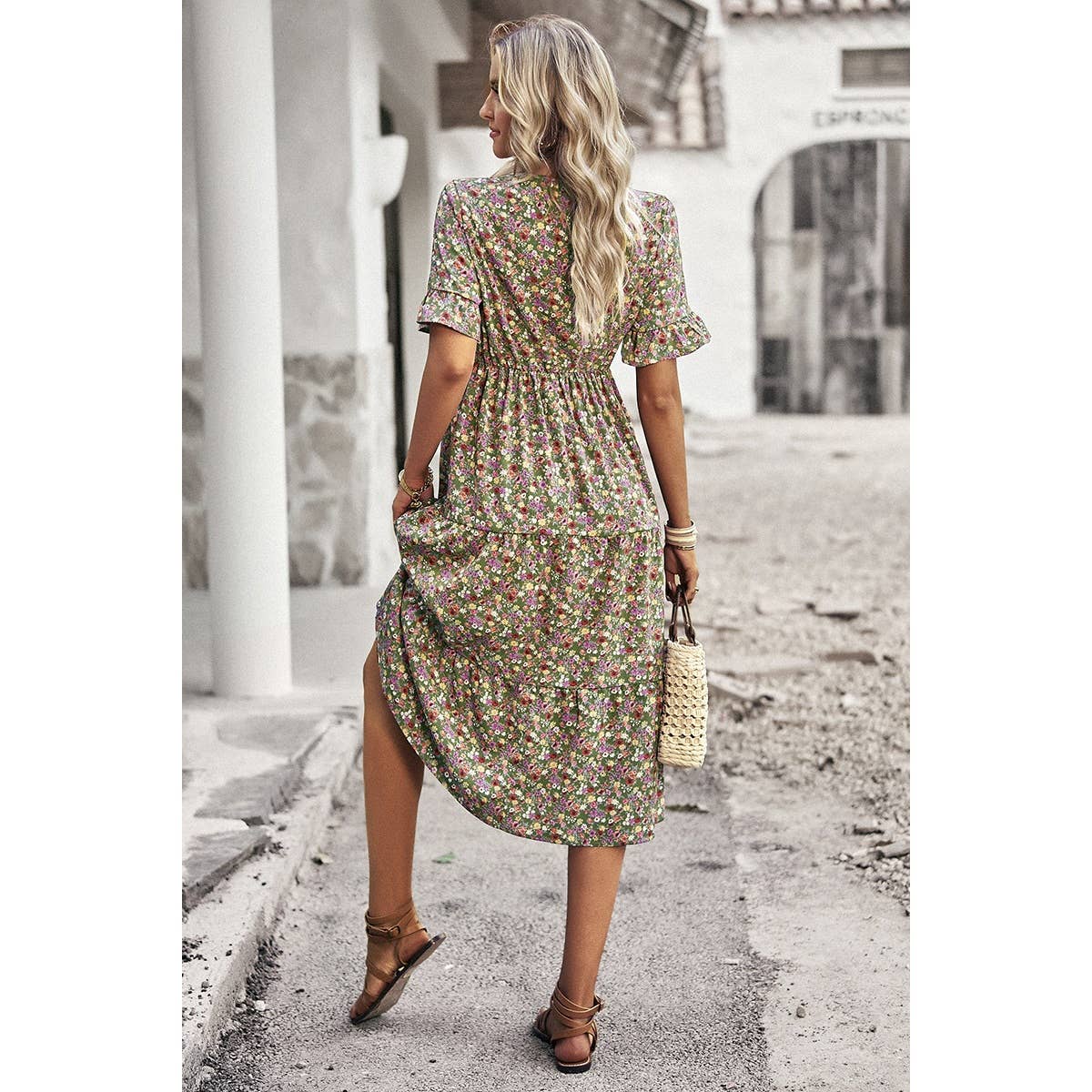 Boho Floral Ruffle Hem V Neck Short Sleeve Dress: BEIGE