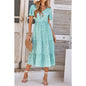 V Neck Ruffles Tiered Sleeve Smocked Midi Dress: LIGHT GREEN