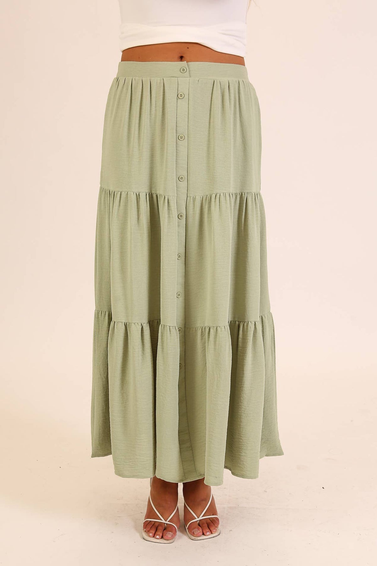 Button Front Tiered Maxi Skirt: Khaki / S