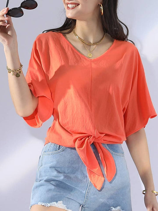 V NECK TIE UP SHORT SLEEVE CASUAL COOL TOP: Orange