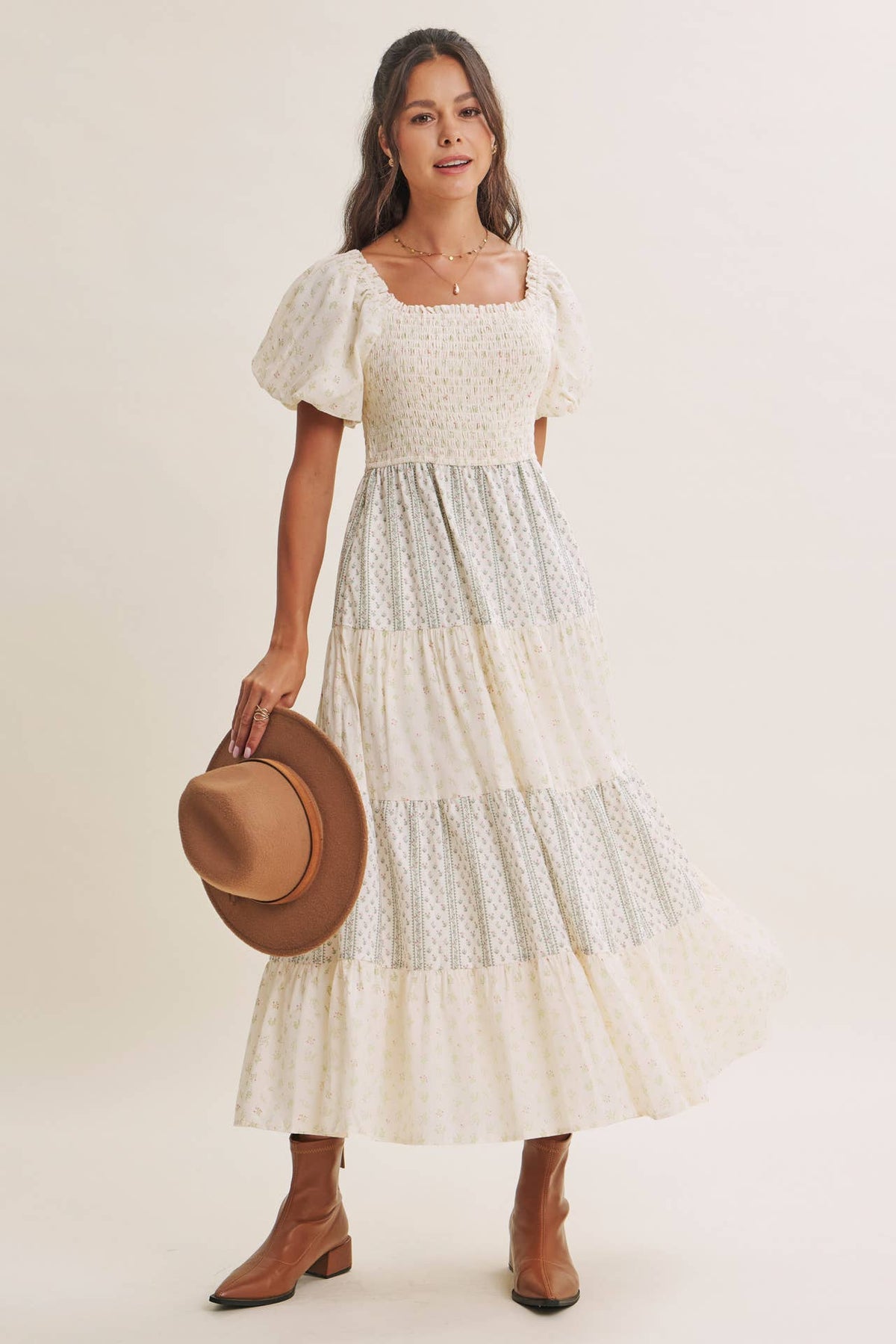 DAYDREAM PATCHWORK FLORAL SMOCKED TIERED MIDI DRESS: NATURAL/TAUPE / S