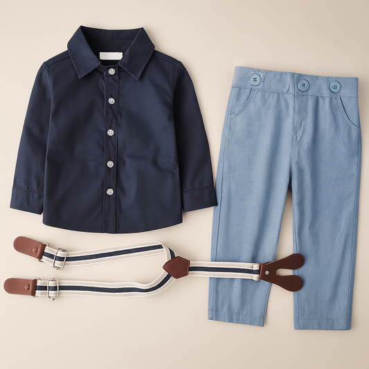 Blue Little Boy Button Down Shirt, Suspender Straps & Pants: