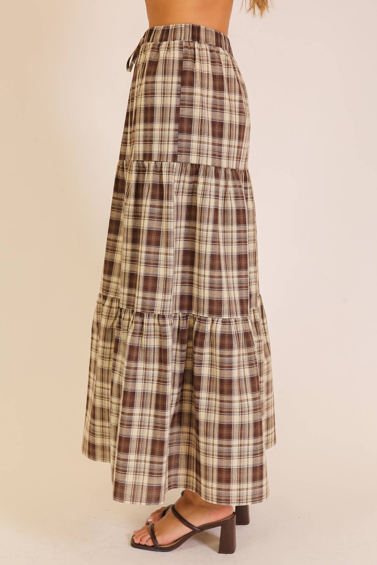 Plaid Tiered Maxi Skirt: Brown multi / S