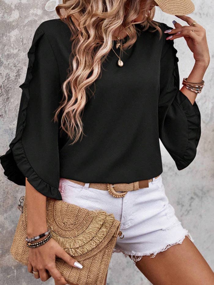 Women’s Solid Ruffle Sleeve Loose Fit Summer Blouse: Red / 95% and above polyester (polyester fiber) / L