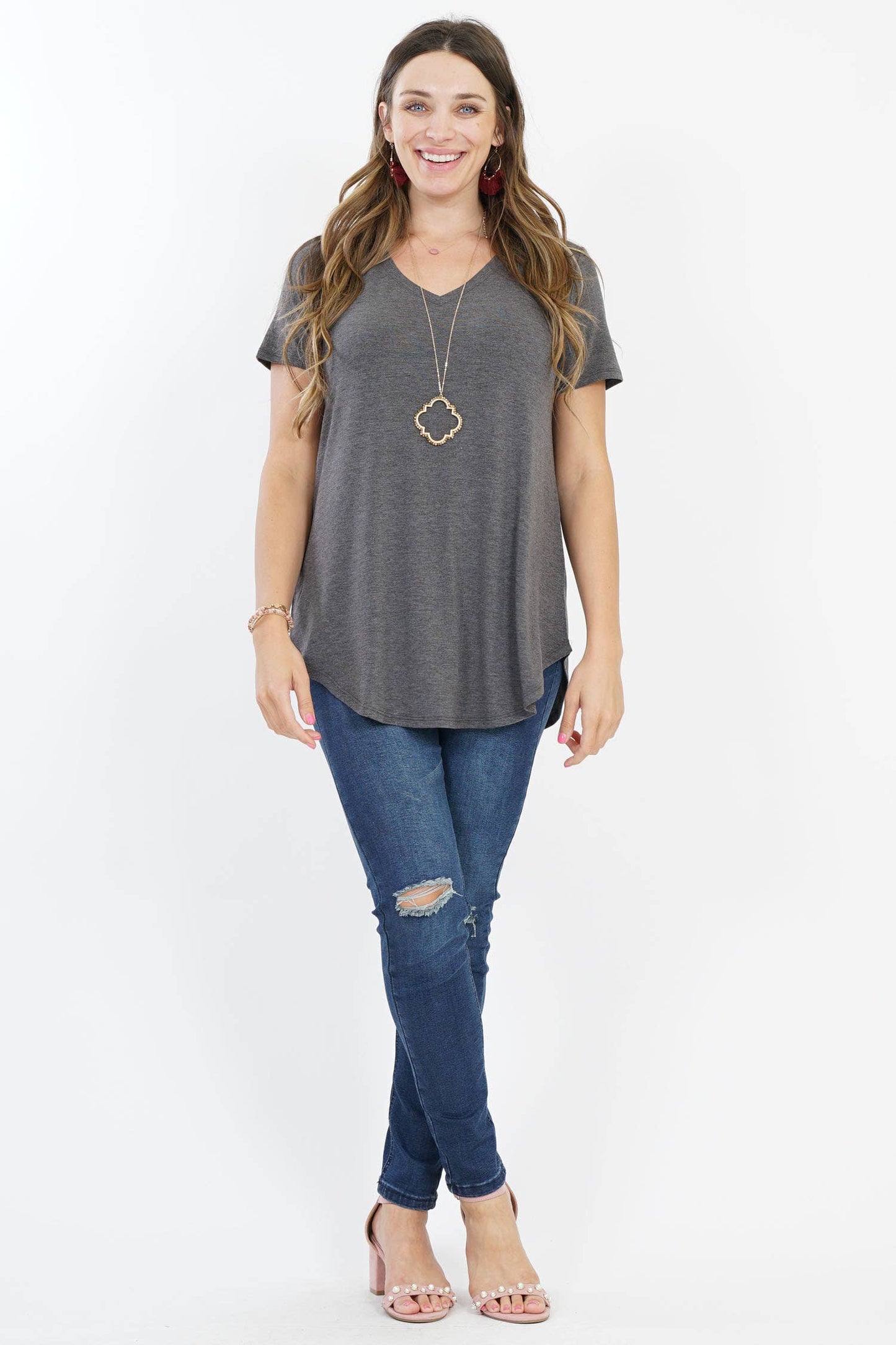 ',...[PLUS SIZE] SHORT SLEEVE V-NECK ROUND HEM TOP: MOCHA-55707 / 3X