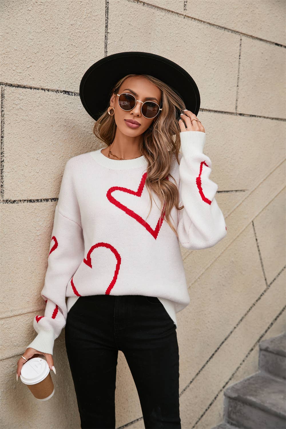 Valentine's Day color contrast heart pullover sweater: RED / (L) 1