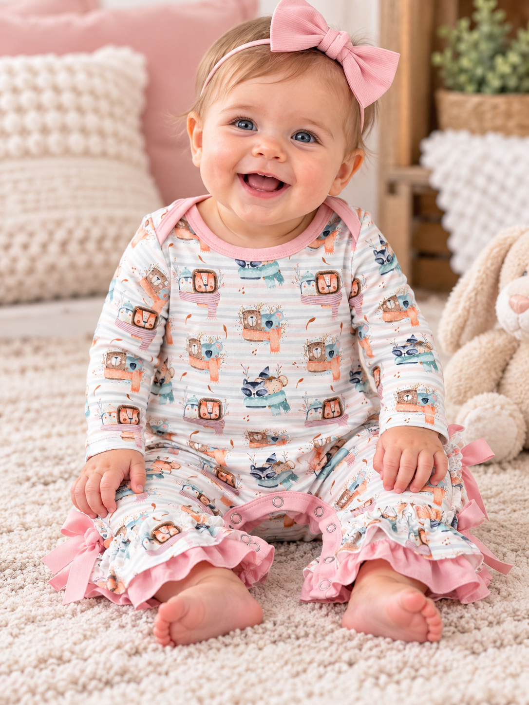Cozy Woodland Friends Ruffle Romper – Pete + Lucy 🦉🦝