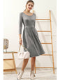 U NECK A LINE WAIST BANDED SWING KNEE LENGTH DRESS: HGREY