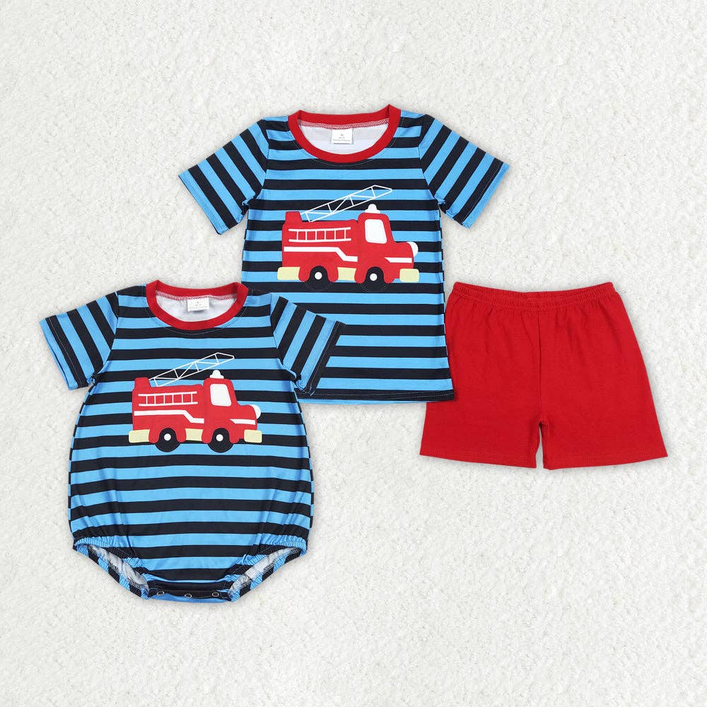 Baby Boys Short Sleeve Firetruck Shirts Shorts Rompers Brother Clothes Sets: 3-6M / Set