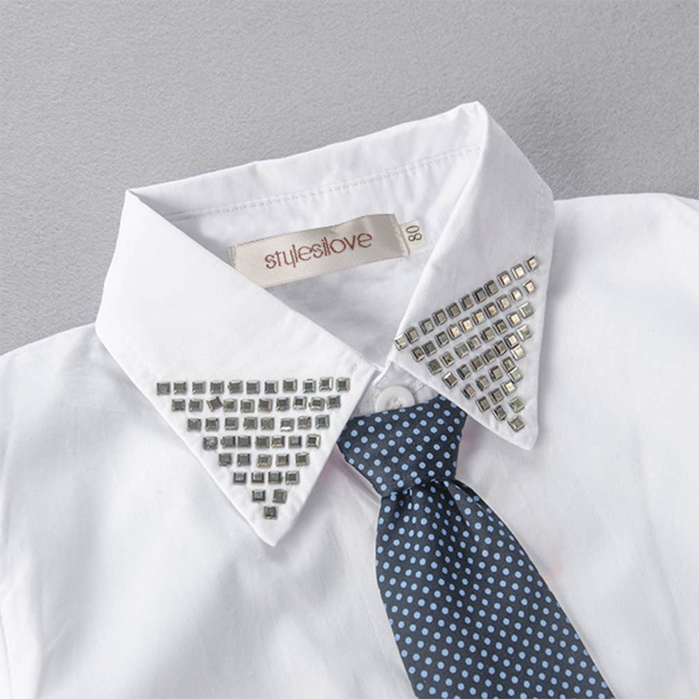 Navy White Studded 4pcs Boy Formal Suit Outfit: