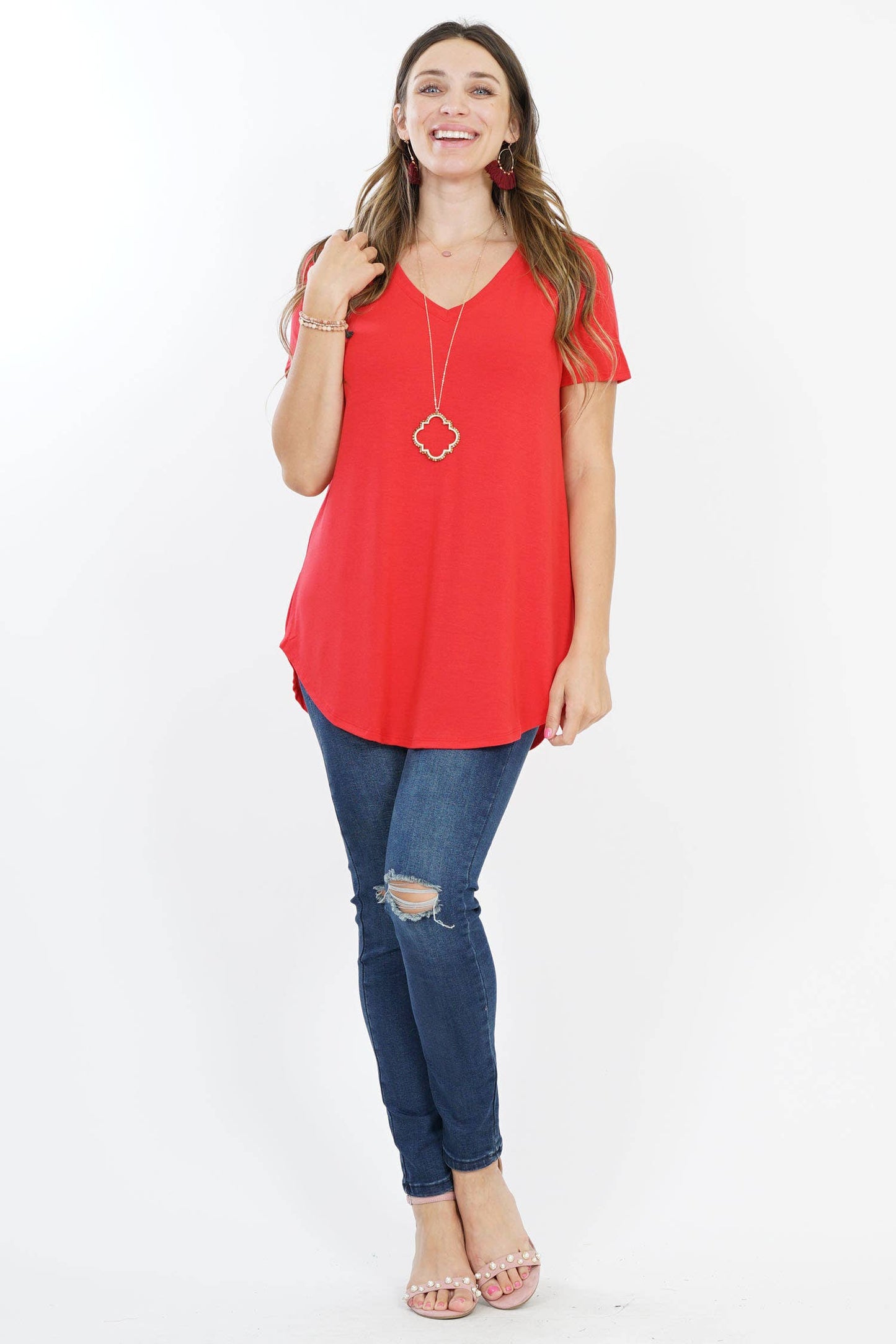 ',...[PLUS SIZE] SHORT SLEEVE V-NECK ROUND HEM TOP: MOCHA-55707 / 3X