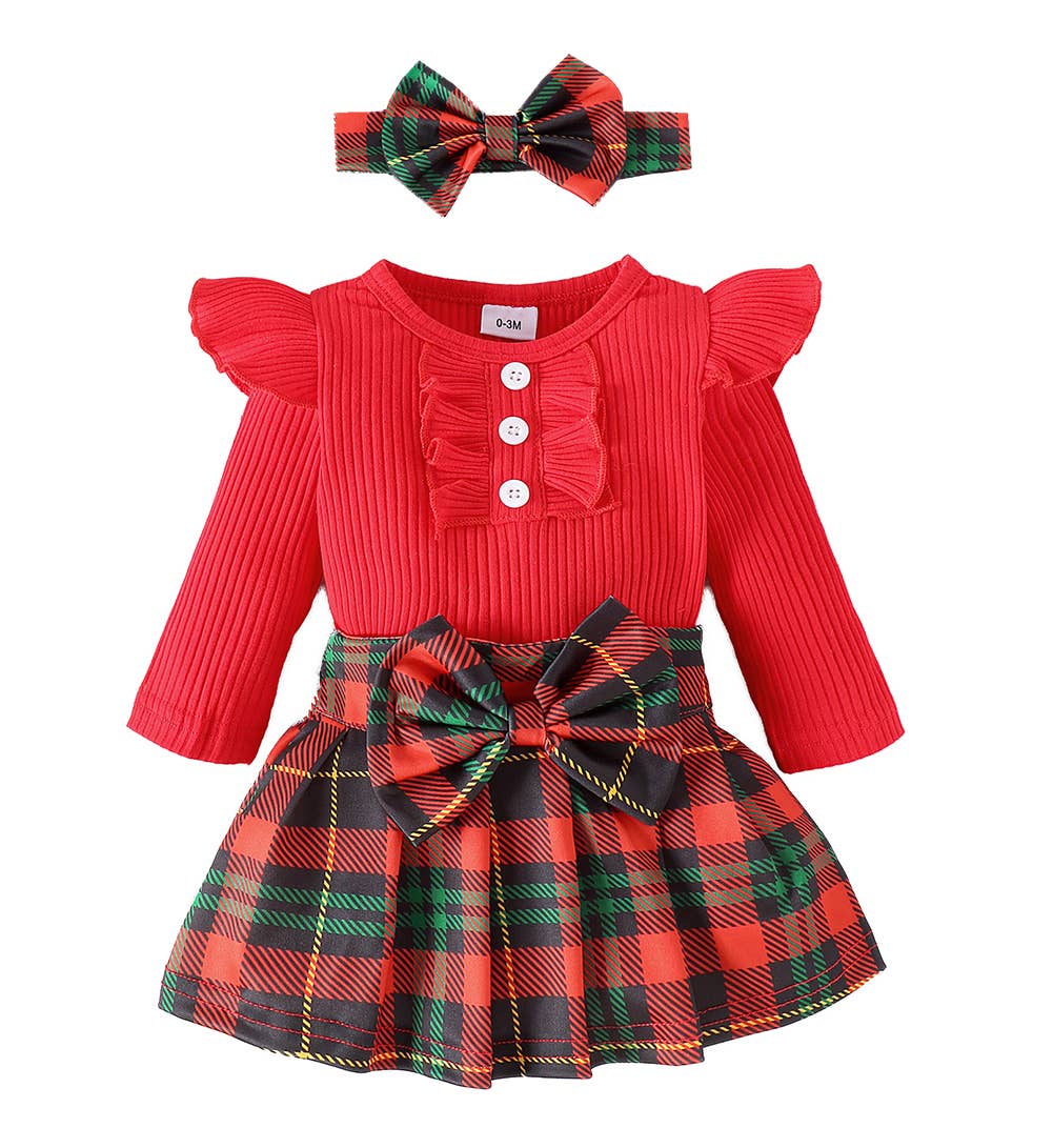 Plaid Ruffled Baby Dress & Headband: Green