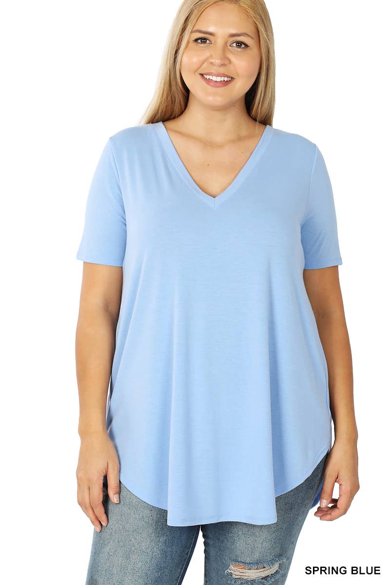 ',...[PLUS SIZE] SHORT SLEEVE V-NECK ROUND HEM TOP: MOCHA-55707 / 3X