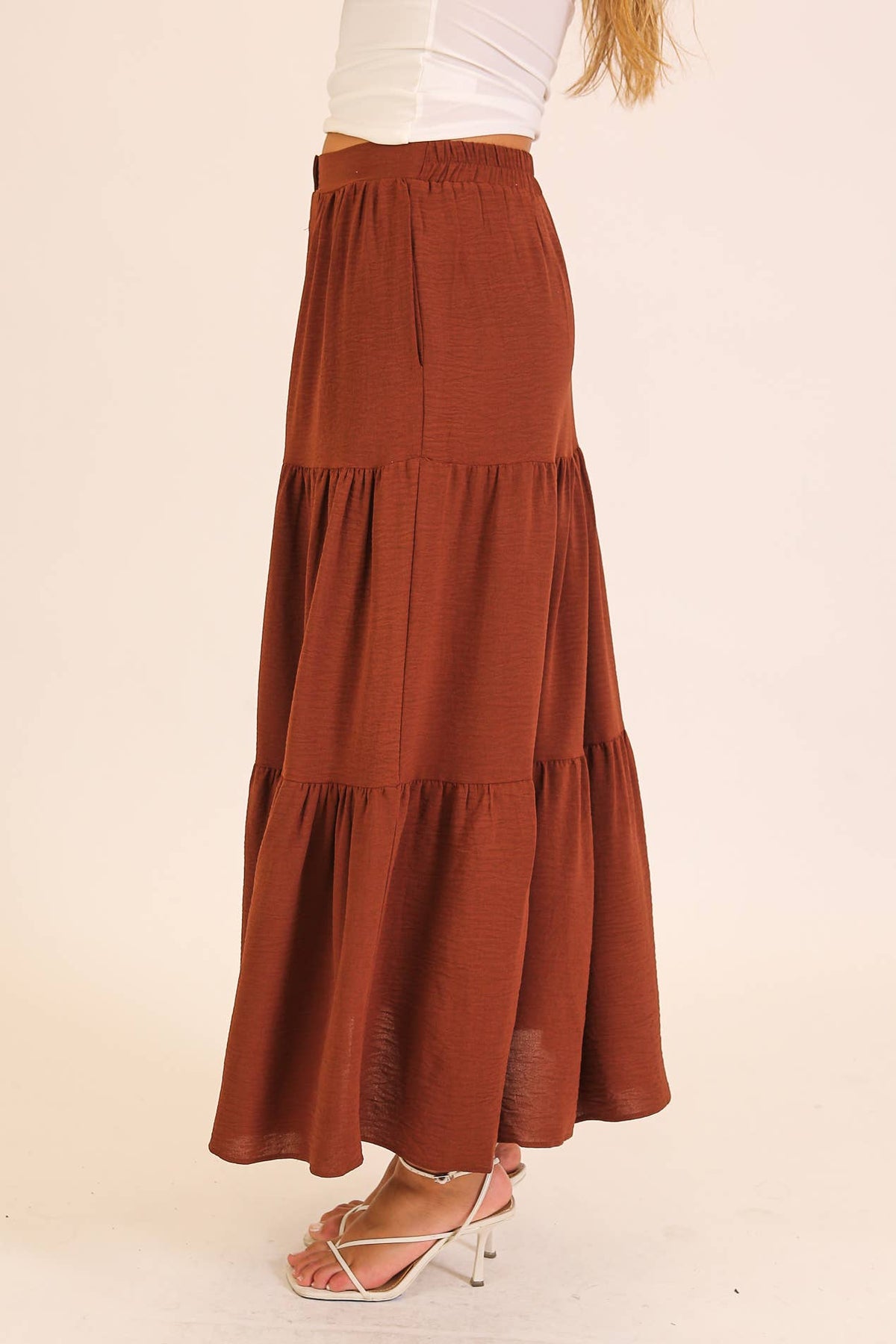 Button Front Tiered Maxi Skirt: Khaki / M