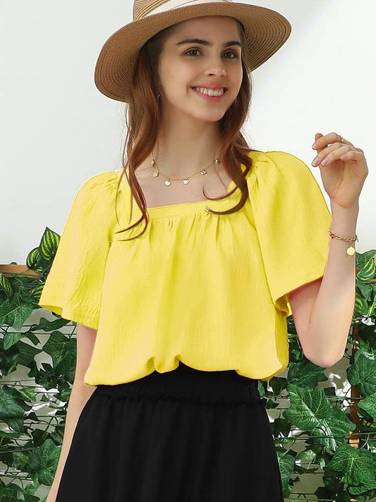 SQURE NECK RUFFLE NECK SHORT SLEEVE BLOUSES TOP: Yellow