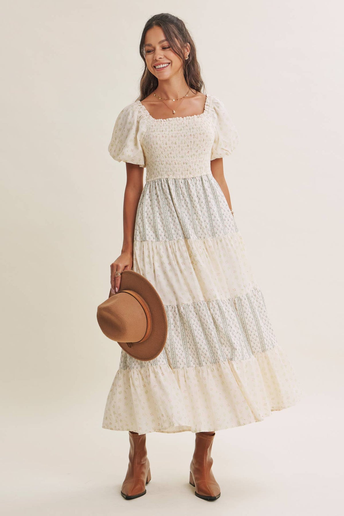 DAYDREAM PATCHWORK FLORAL SMOCKED TIERED MIDI DRESS: NATURAL/TAUPE / S