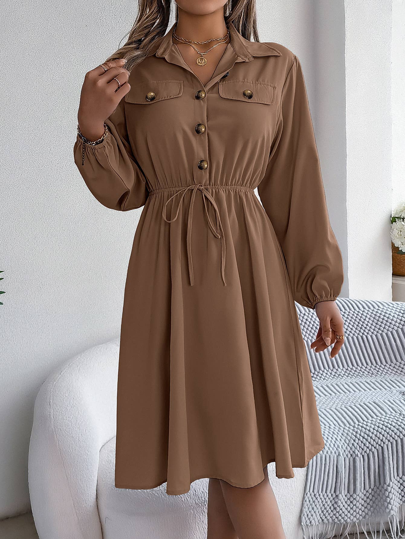 CASUAL BUTTON-UP WAIST LONG SLEEVE SHIRT DRESS: LIGHTBLUE / (XL) 1