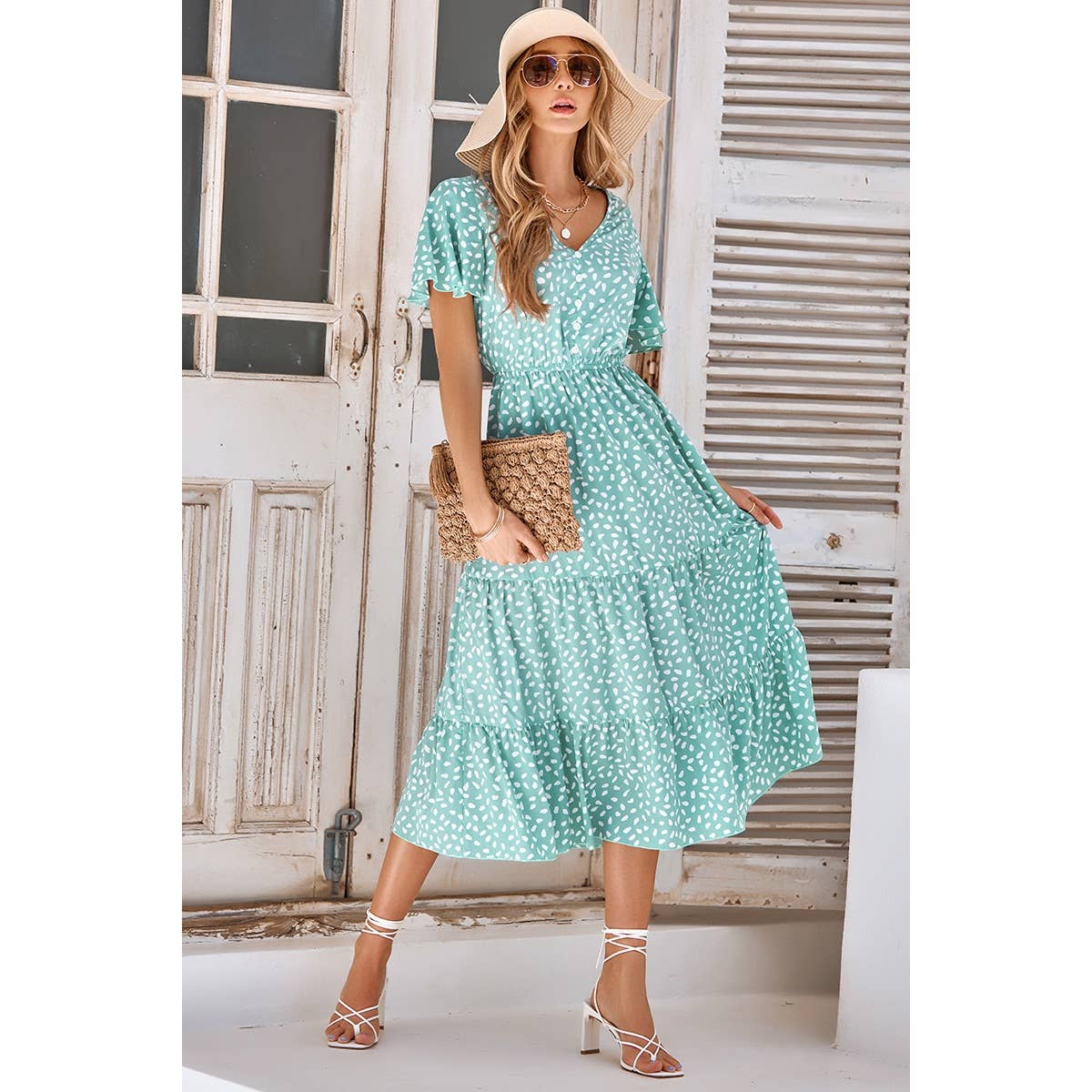 V Neck Ruffles Tiered Sleeve Smocked Midi Dress: LIGHT GREEN