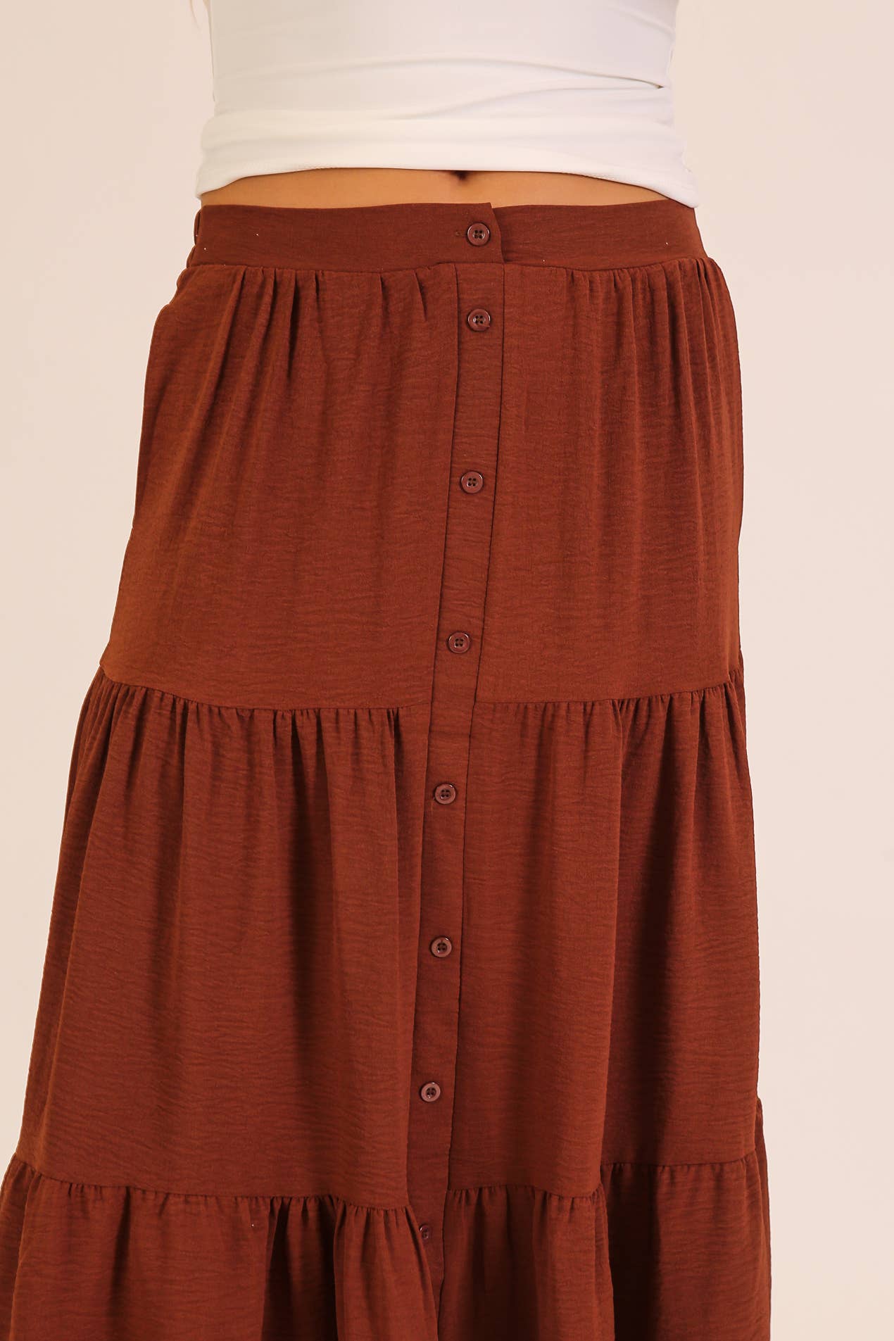 Button Front Tiered Maxi Skirt: Khaki / S