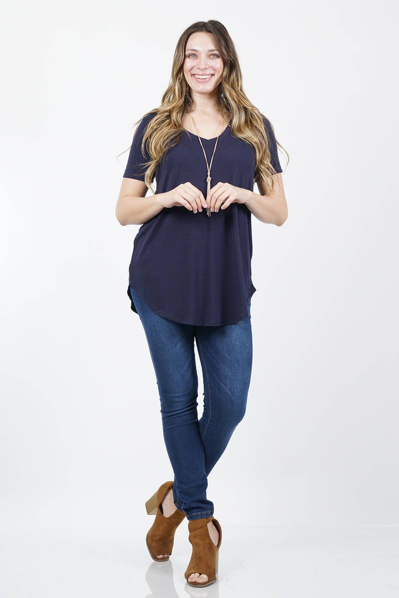 ',...[PLUS SIZE] SHORT SLEEVE V-NECK ROUND HEM TOP: MOCHA-55707 / 3X
