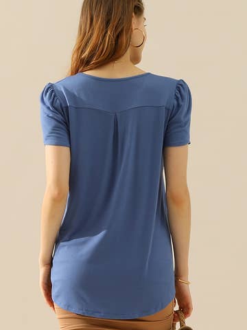 SOLID V NECK SHORT TULIP SLEEVE TUNIC TOPS: