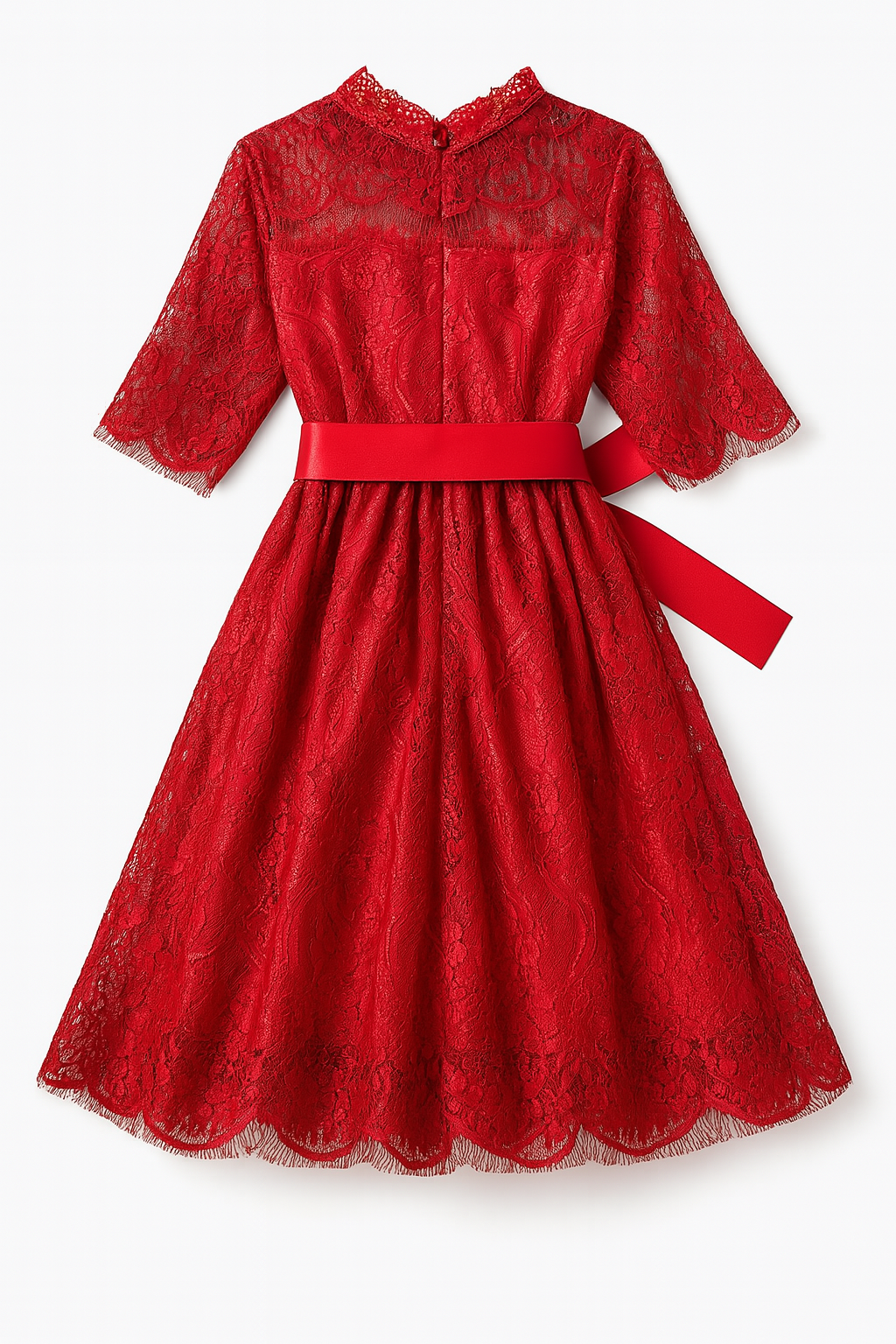 Red Vintage Lace 3/4 Sleeve A-Line Girl Dress :