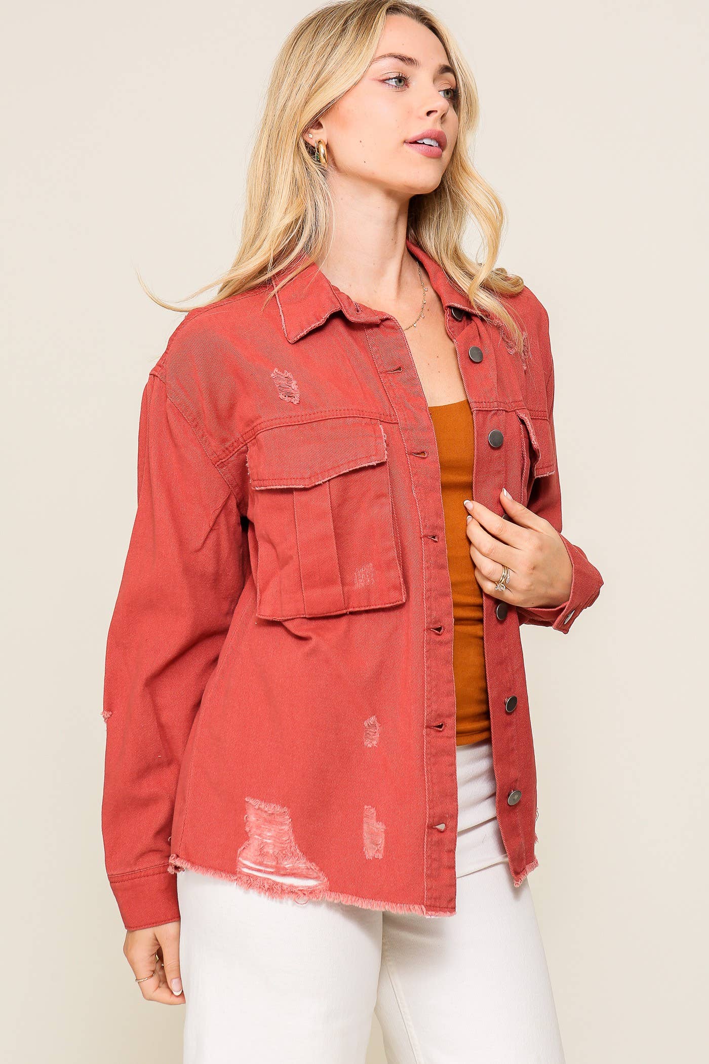 Distressed Oversized Denim Jacket: D.Mauve / M